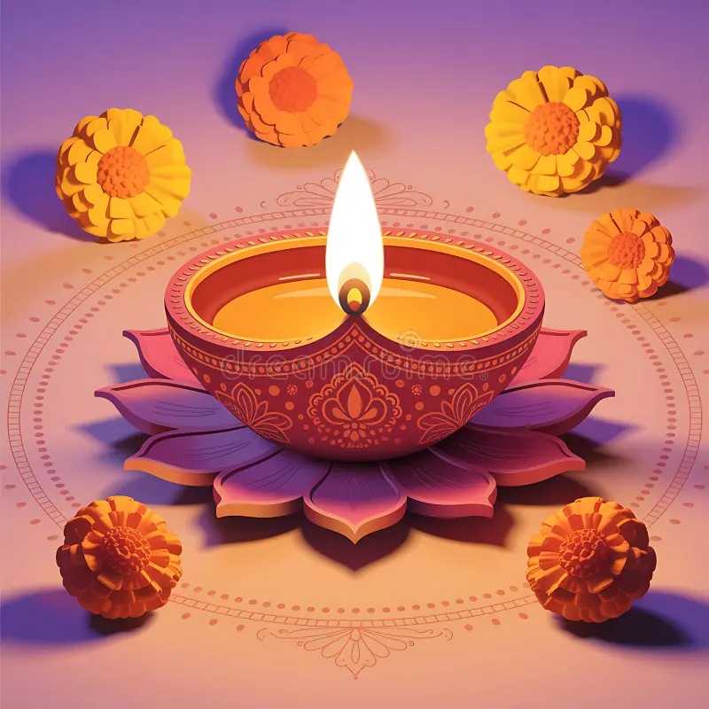 glowing diwali deepavali diya oil lamp lotus base surrounded orange marigold flowers subtle rangoli design warm 407466346